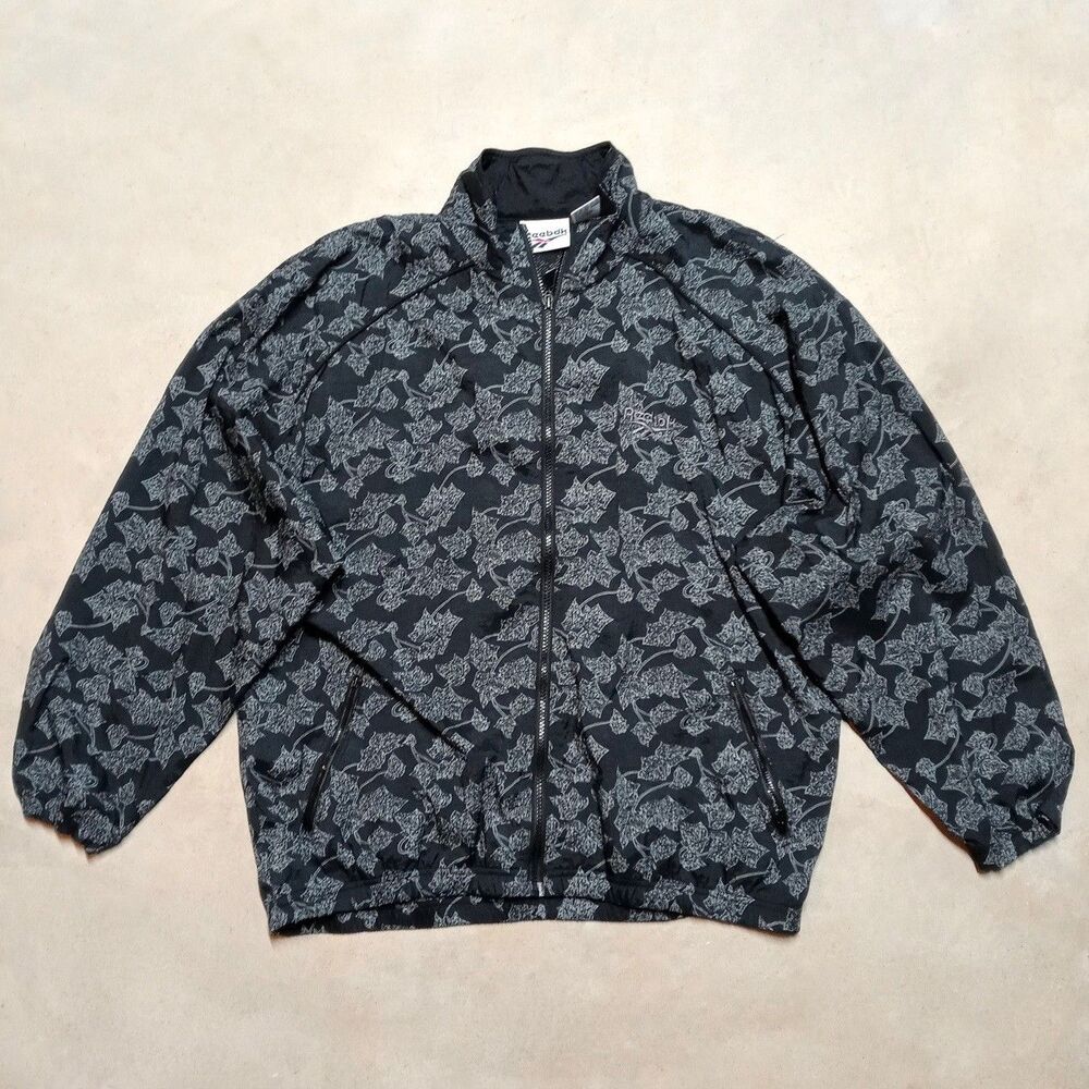 Vintage Reebok Windbreak Jacket Mens LARGE Black Leaf Leaves All Over Print